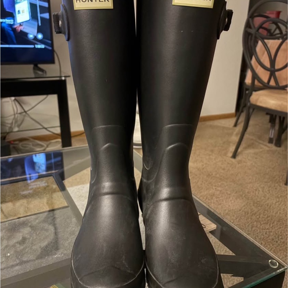 Hunter Black Matte Tall Rain Boots with Logo Plaque